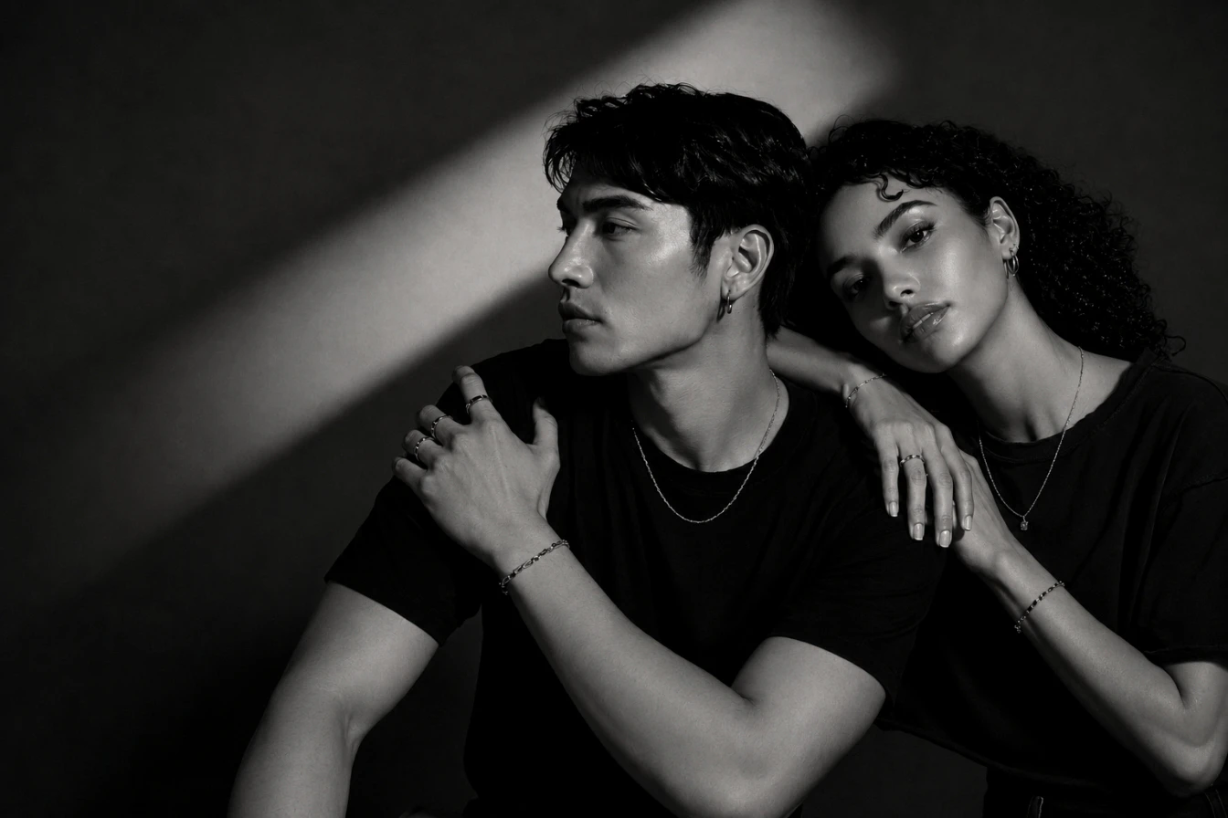 Two models wearing Geshoku chains, rings and bracelets, lit by a shaft of light